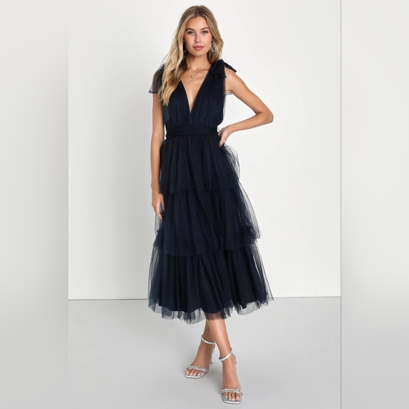 Lulus Flawless Arrival Navy Blue Tulle Tie-Strap Tiered Maxi Dress L Wedding - Picture 2 of 8